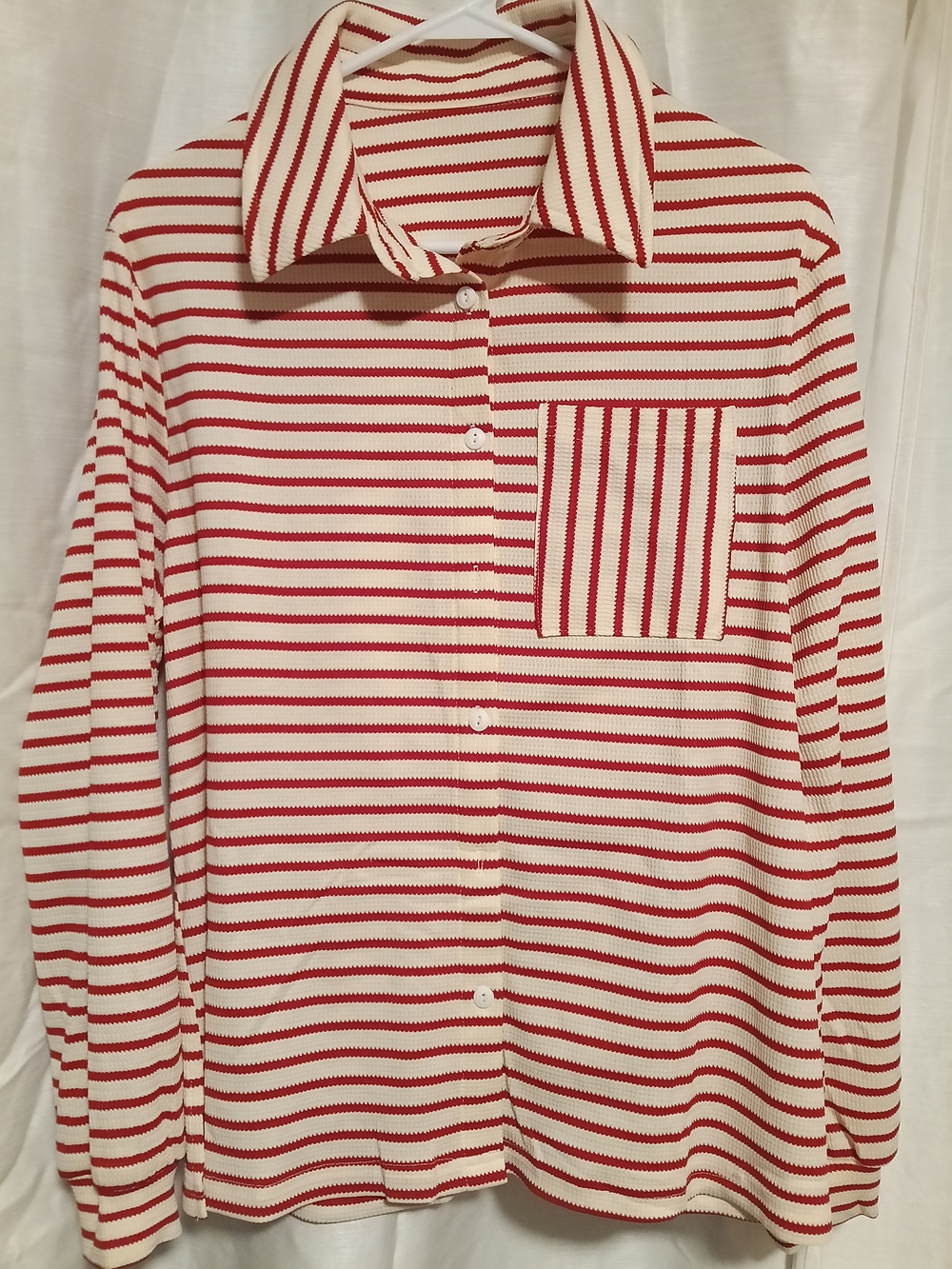 Women’s Red and White Striped Button-Up Shirt